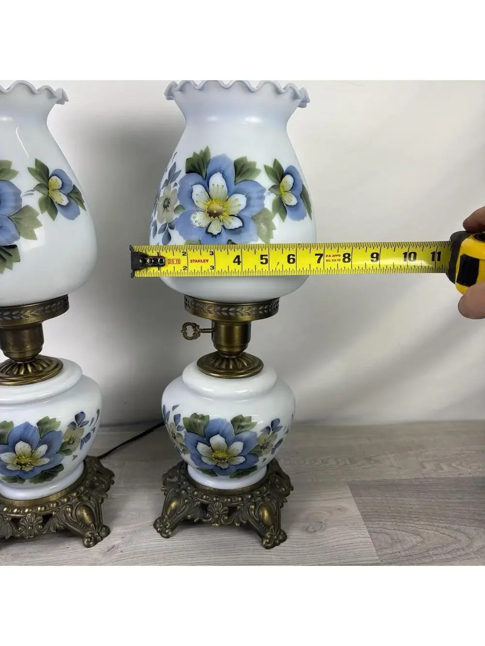 Vintage Pair of Blue Floral Milk Glass Table Lamps